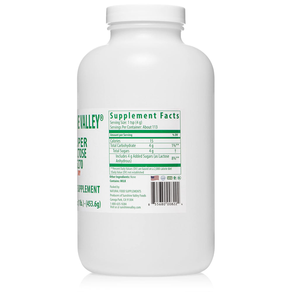 Sunshine Valley Lactose Dry Powder ingredients shot emphasizes USA-made quality.