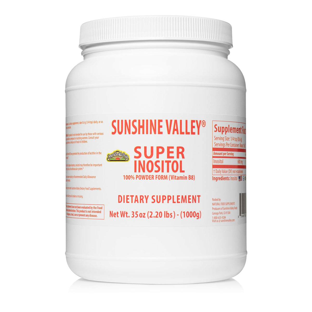 Sunshine Valley Super Inositol Powder tub close-up highlighting daily wellness support.