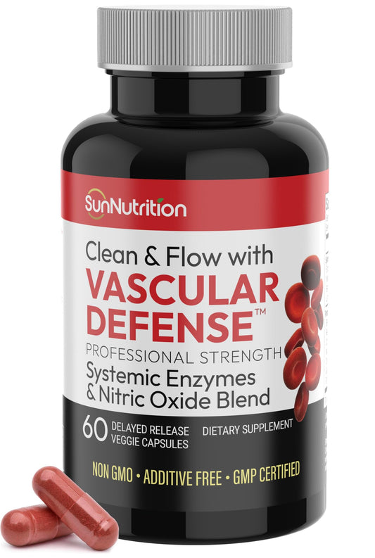 SunNutrition Vascular Defense bottle shows nitric oxide support for healthy circulation