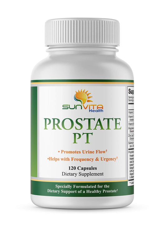 SunVita Health Prostate Formula bottle close-up showing natural ingredients for daily urinary support.