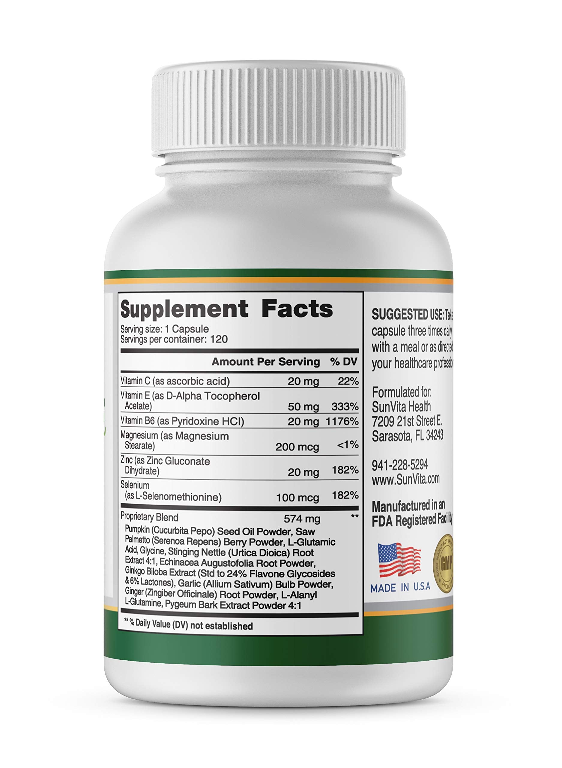 SunVita Health Prostate Formula capsules close-up with label highlighting Saw Palmetto and Beta Sitosterol for urinary comfort.