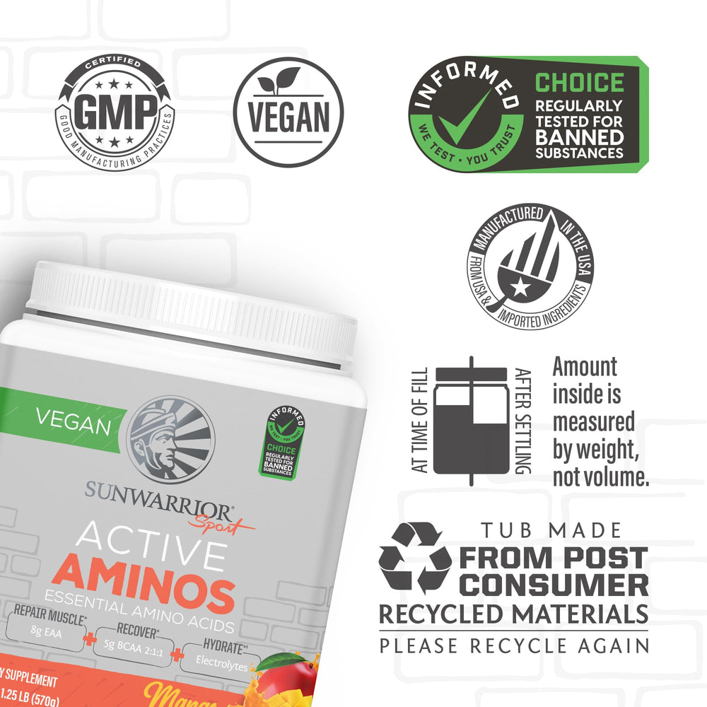 Close-up of Sunwarrior Active Aminos mango powder for smooth mix and flavor