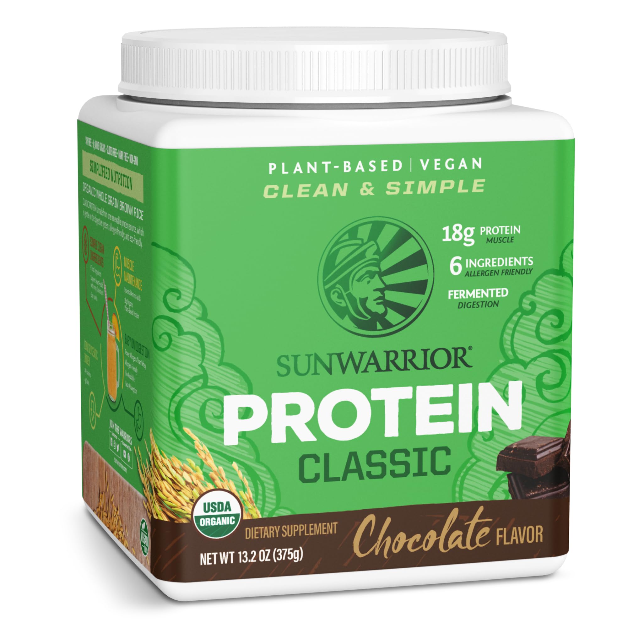 Sunwarrior brown rice protein canister with chocolate flavor supports plant-based protein needs