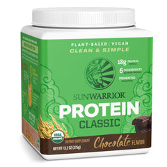 Sunwarrior brown rice protein canister with chocolate flavor supports plant-based protein needs