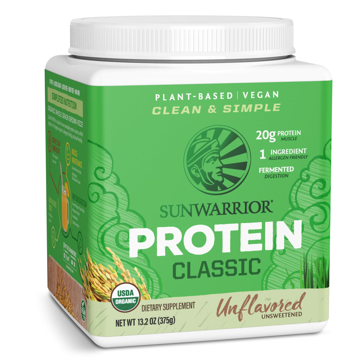 Sunwarrior brown rice protein bottle shows clean allergen-free plant protein for daily shakes.