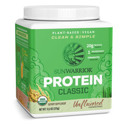 Sunwarrior brown rice protein bottle shows clean allergen-free plant protein for daily shakes.