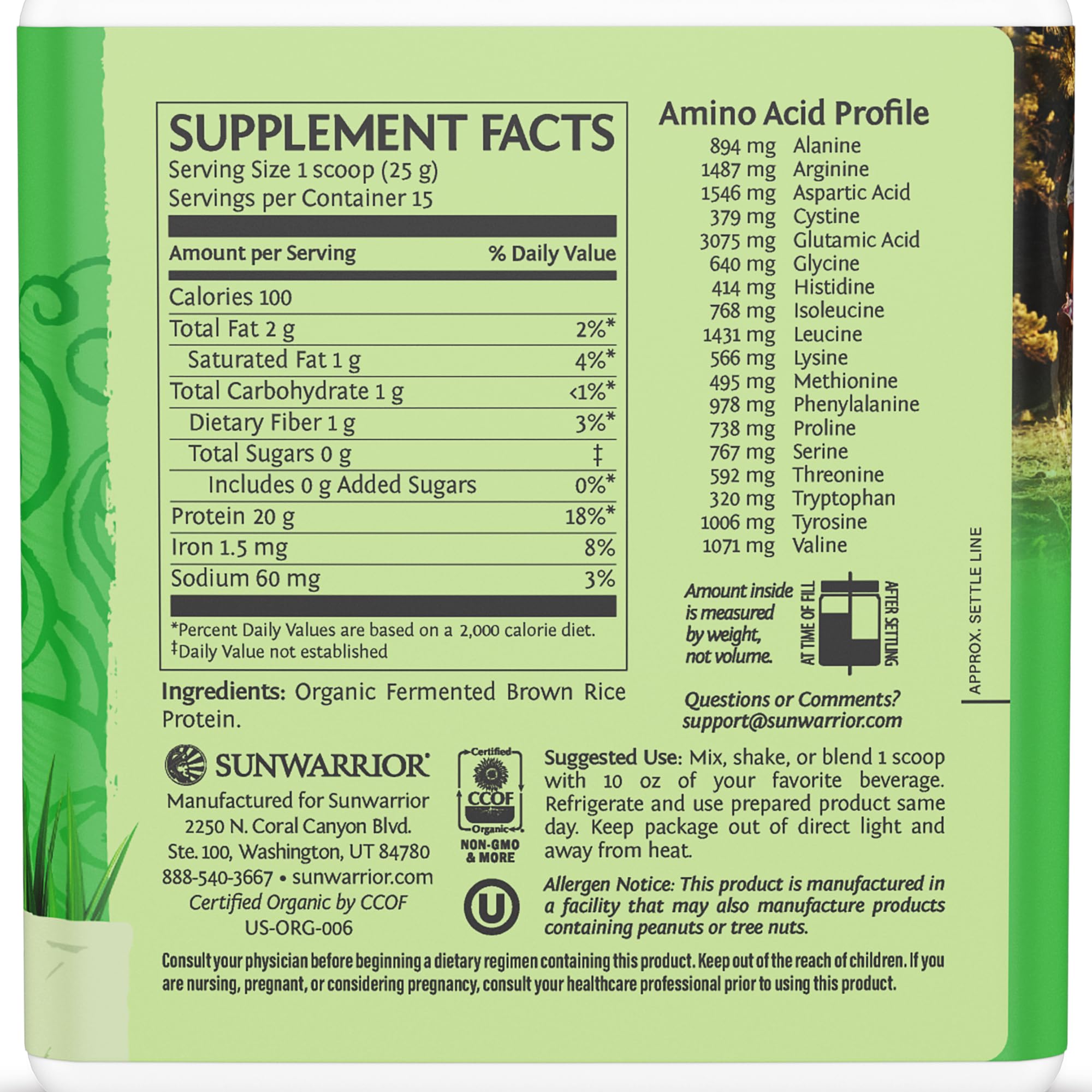 Sunwarrior brown rice protein powder label closeup highlighting vegan gluten-free ingredients.
