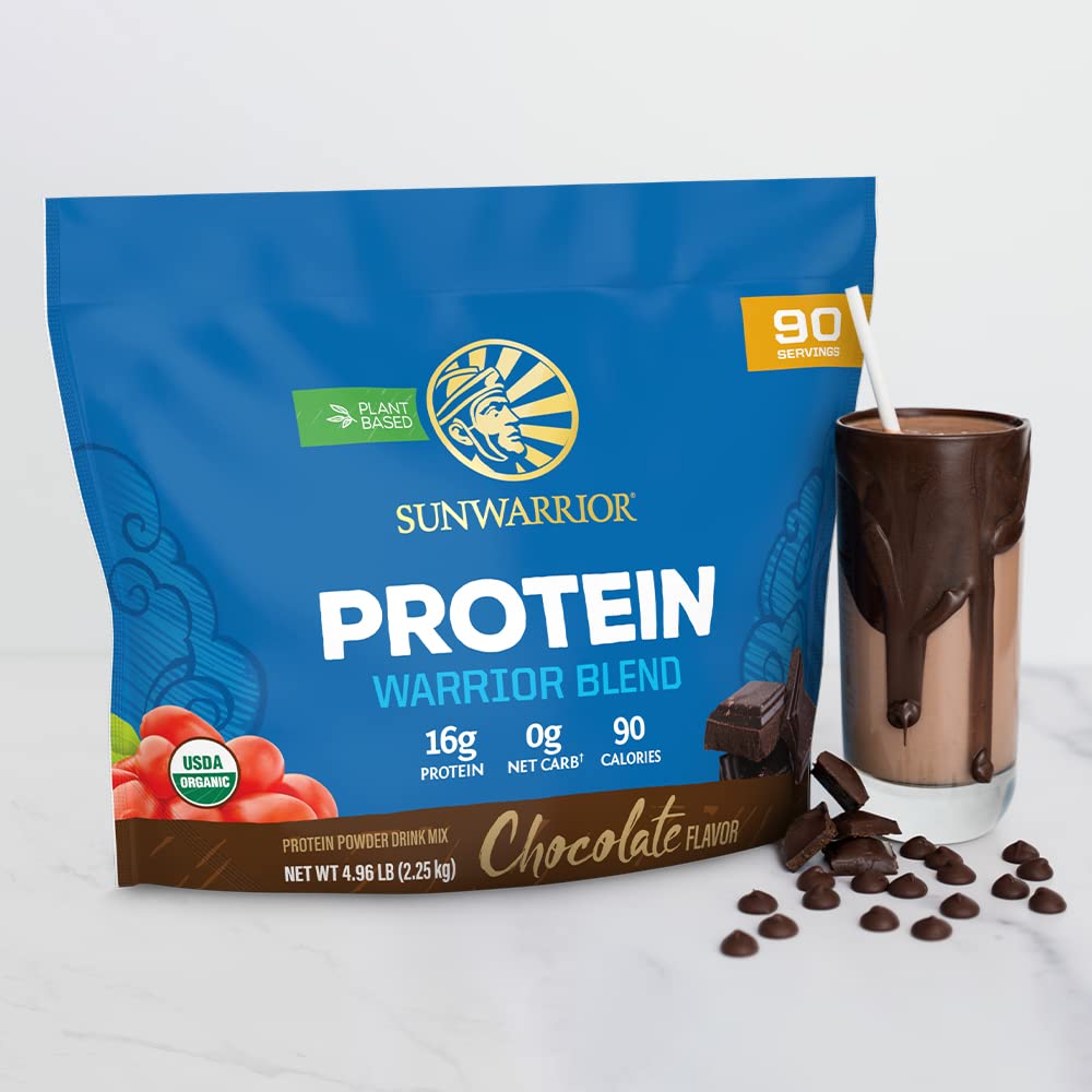 Sunwarrior chocolate protein shake visuals invite quick pre- or post-workout fueling.