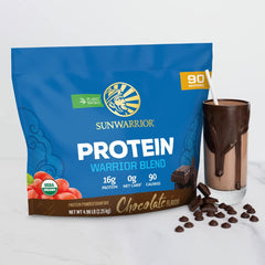 Sunwarrior chocolate protein shake visuals invite quick pre- or post-workout fueling.