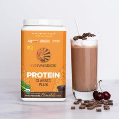 Sunwarrior Classic Plus chocolate post-workout bottle for convenient refuel.