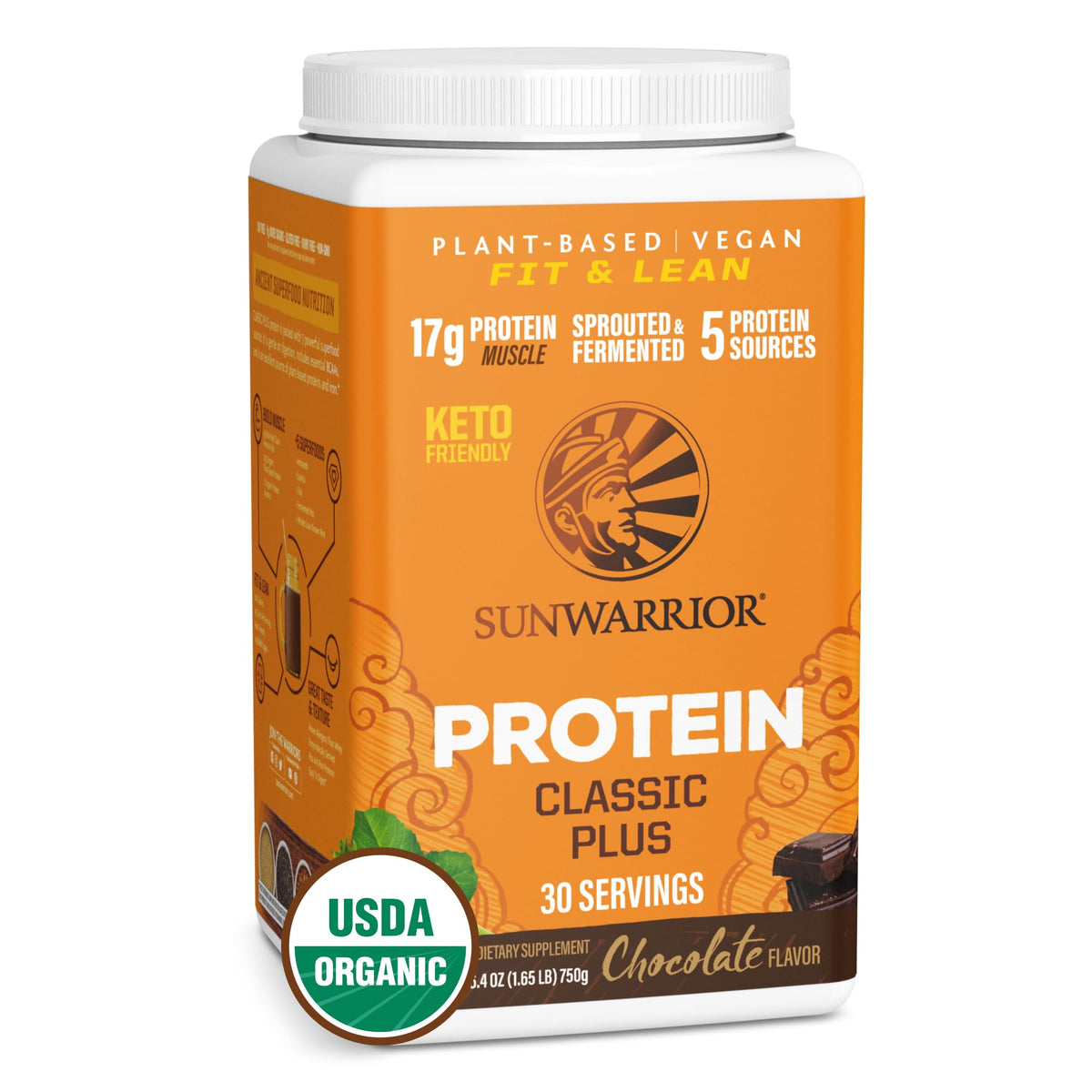 Sunwarrior Classic Plus chocolate protein powder jar ideal for smoothies.