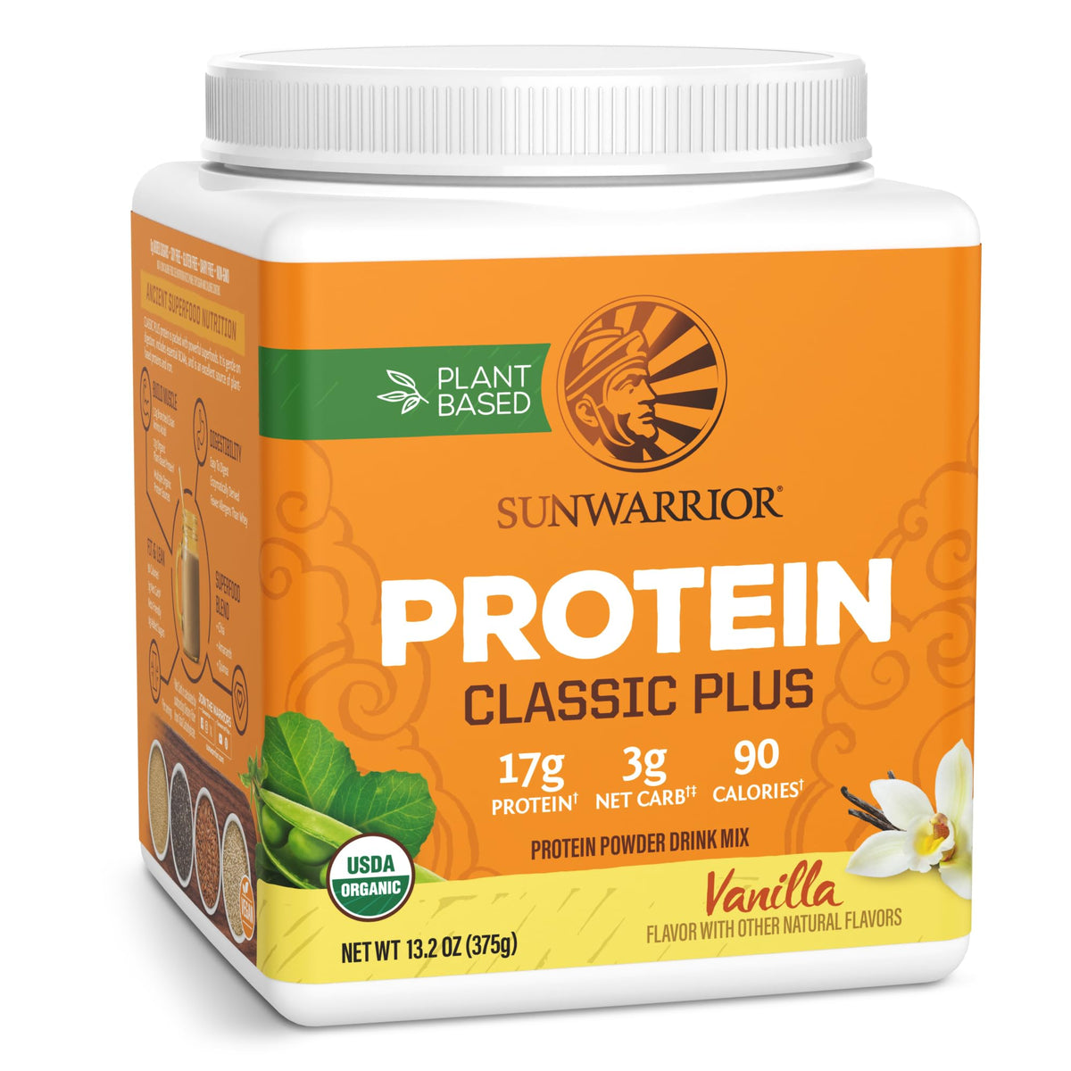 Sunwarrior Classic Plus vanilla protein tub front showing plant-based nutrition benefits