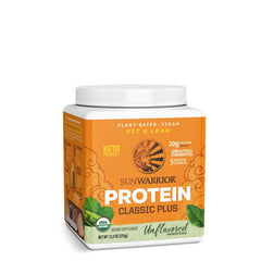 Sunwarrior Clean Vegan Protein Powder unflavored tub for a clean, plant-based protein boost any time.