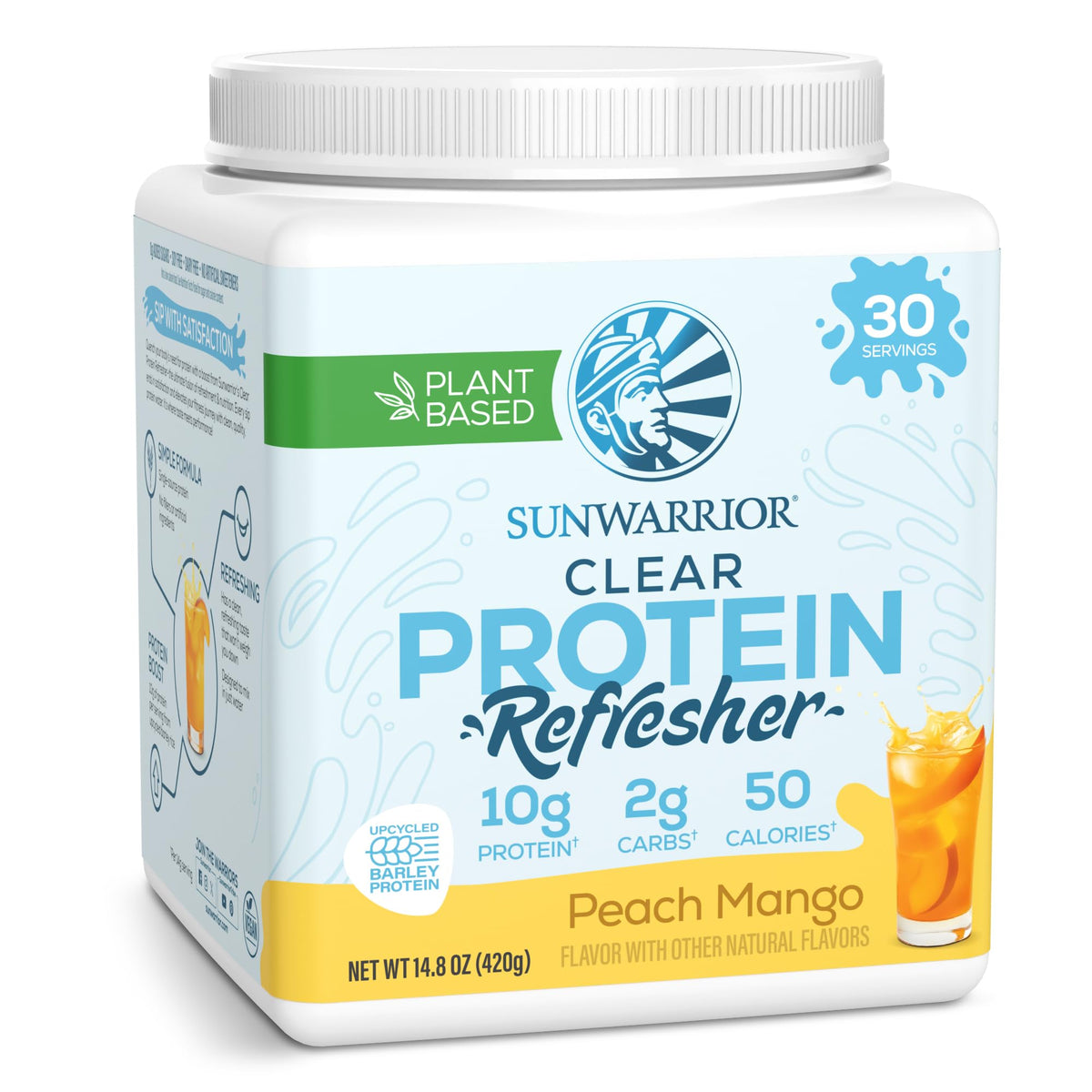 Sunwarrior Clear Protein Peach Mango pour highlights refreshing hydration with a light texture.