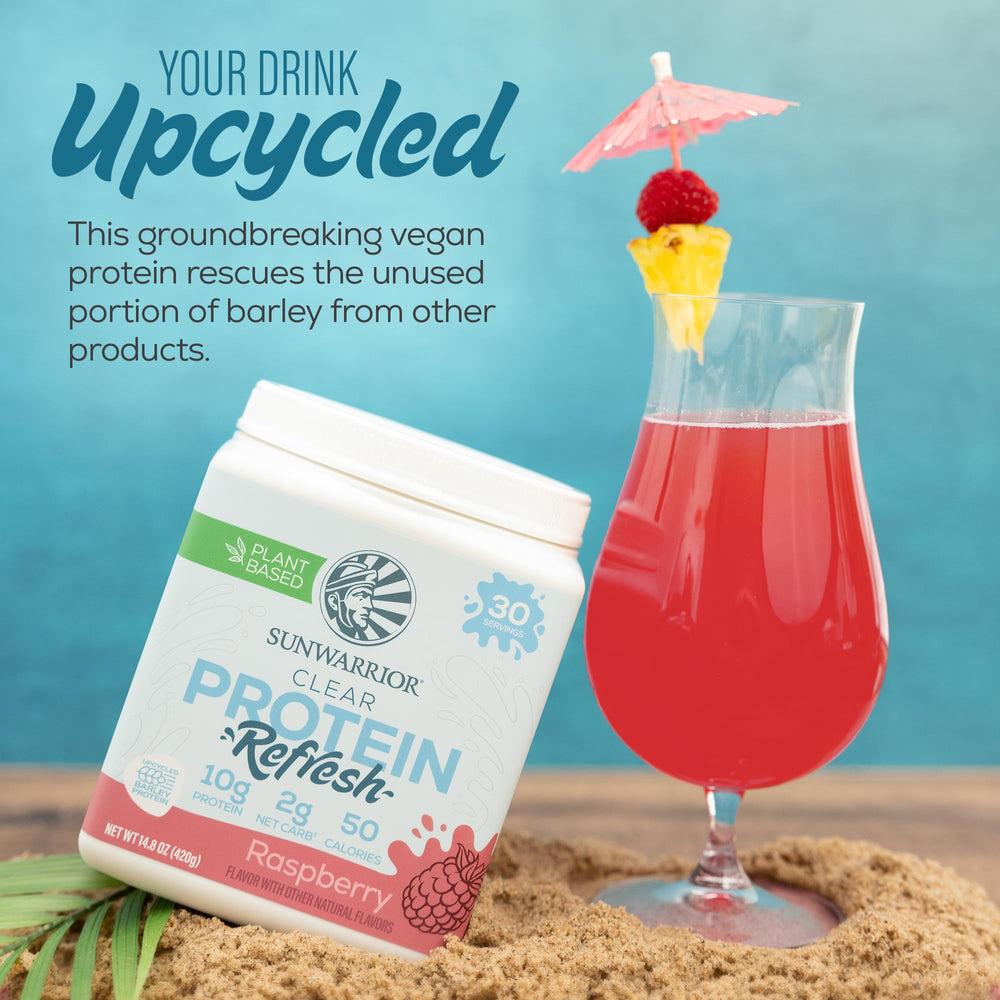 Upcycled barley protein tag on Sunwarrior Clear Protein packaging