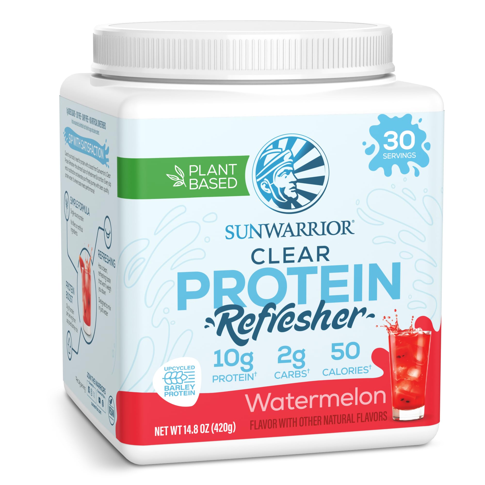 Sunwarrior Clear Protein Watermelon pour shows refreshing hydration with 10g protein per serving.