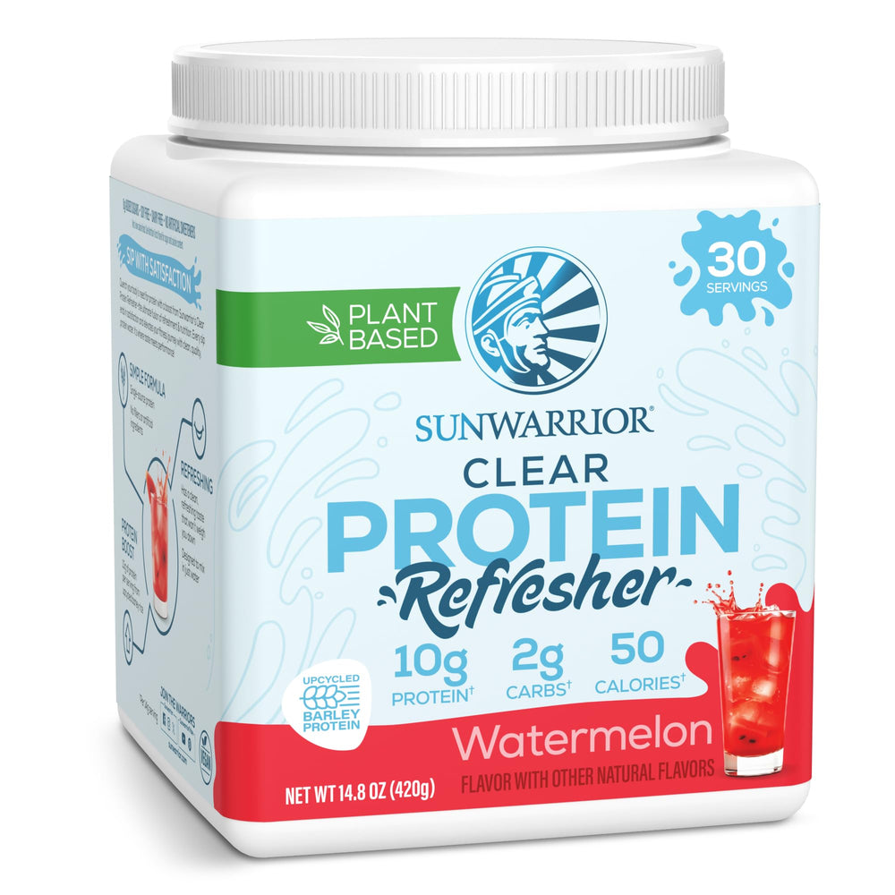 Sunwarrior Clear Protein Watermelon pour shows refreshing hydration with 10g protein per serving.