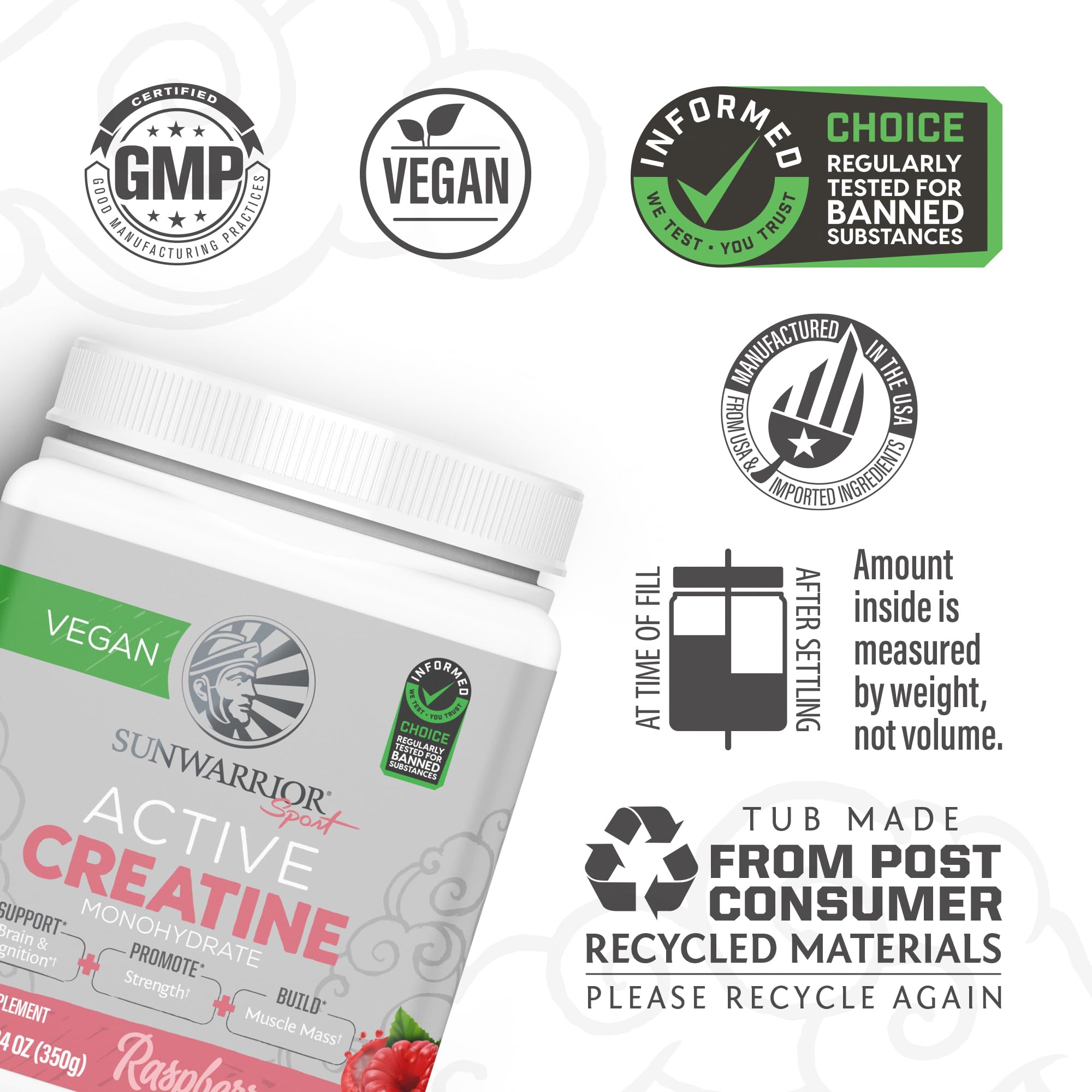 Sunwarrior Creatine Monohydrate bottle close-up highlights vegan formula and purity