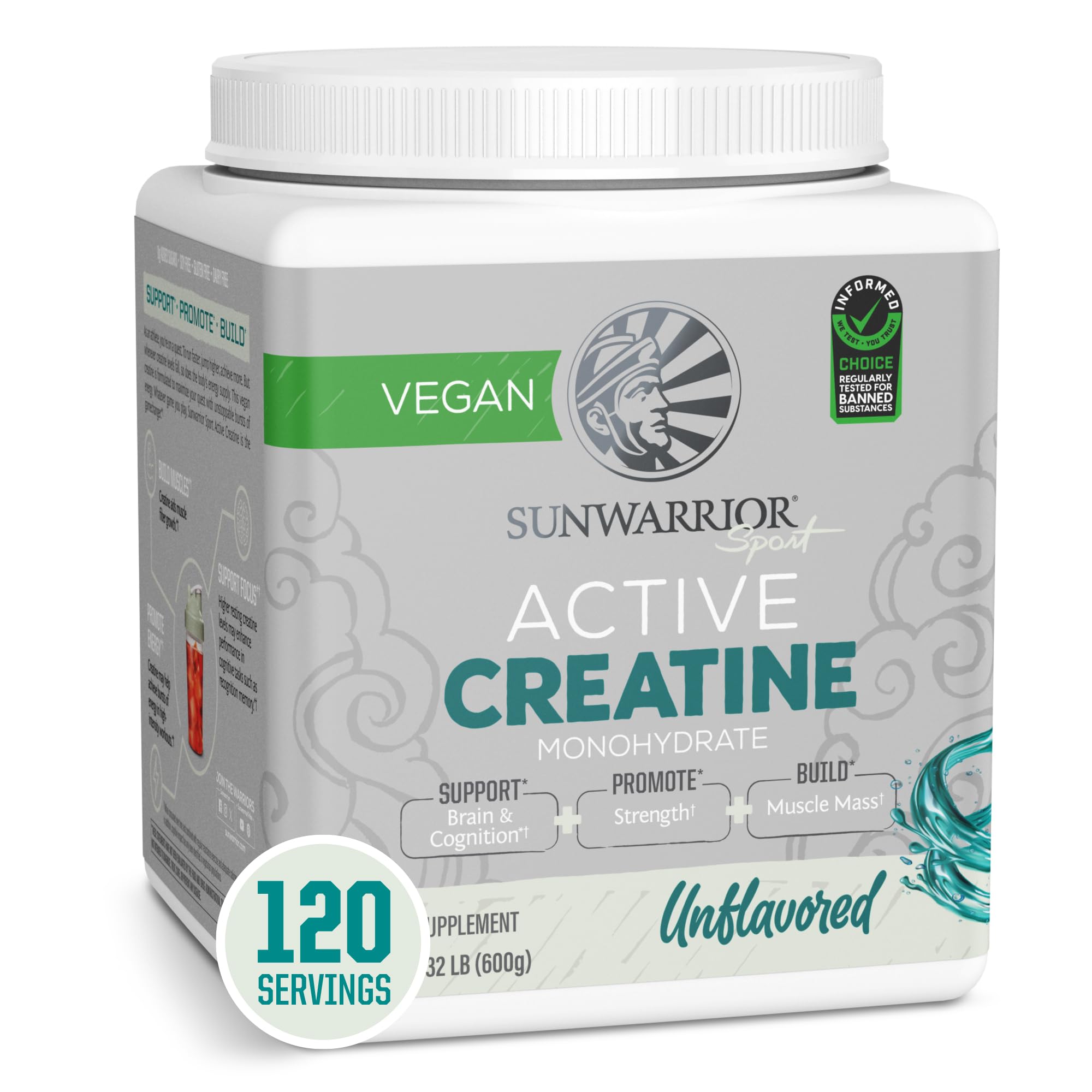 Sunwarrior Creatine Monohydrate powder bottle front highlights clean energy for workouts.