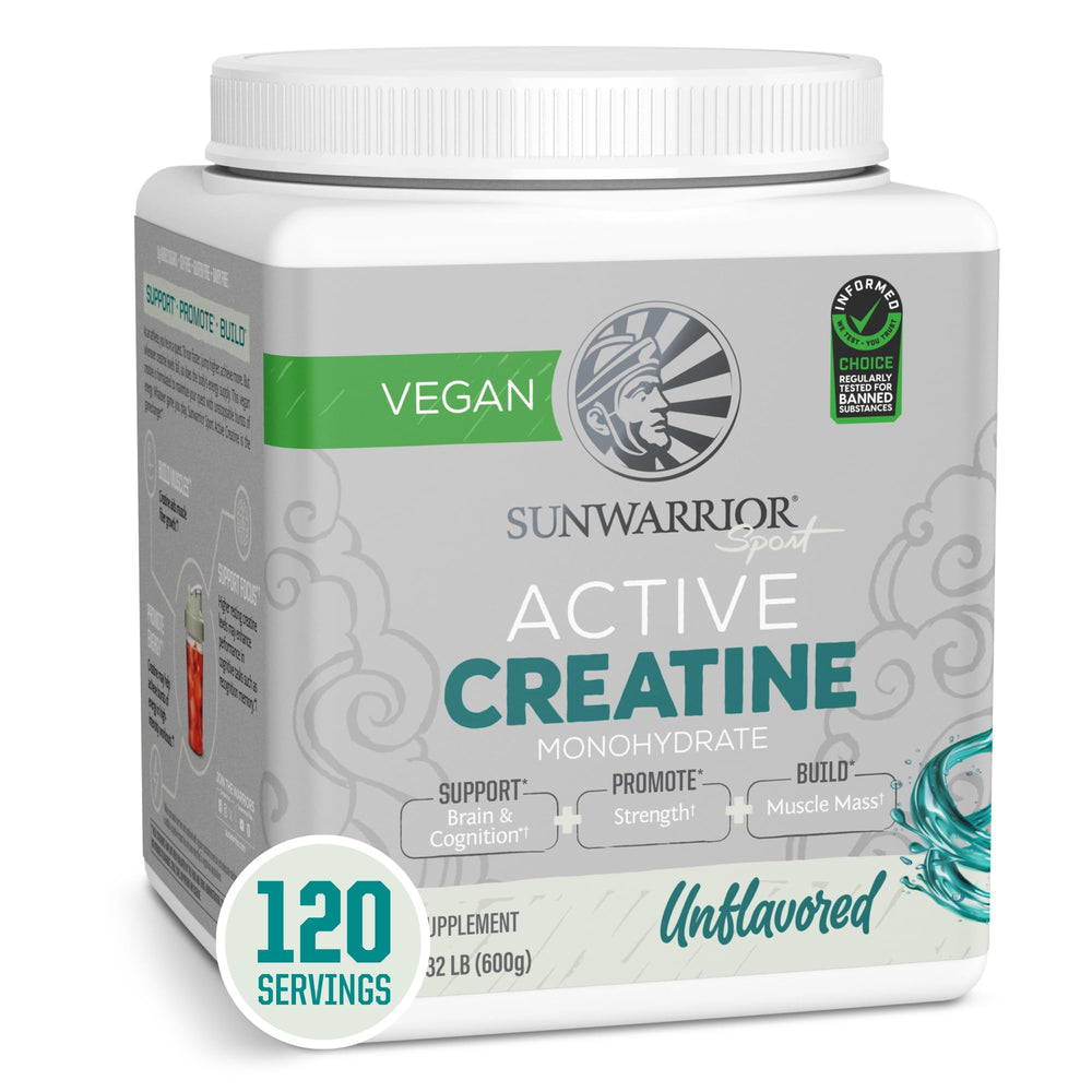 Sunwarrior Creatine Monohydrate powder bottle front highlights clean energy for workouts.
