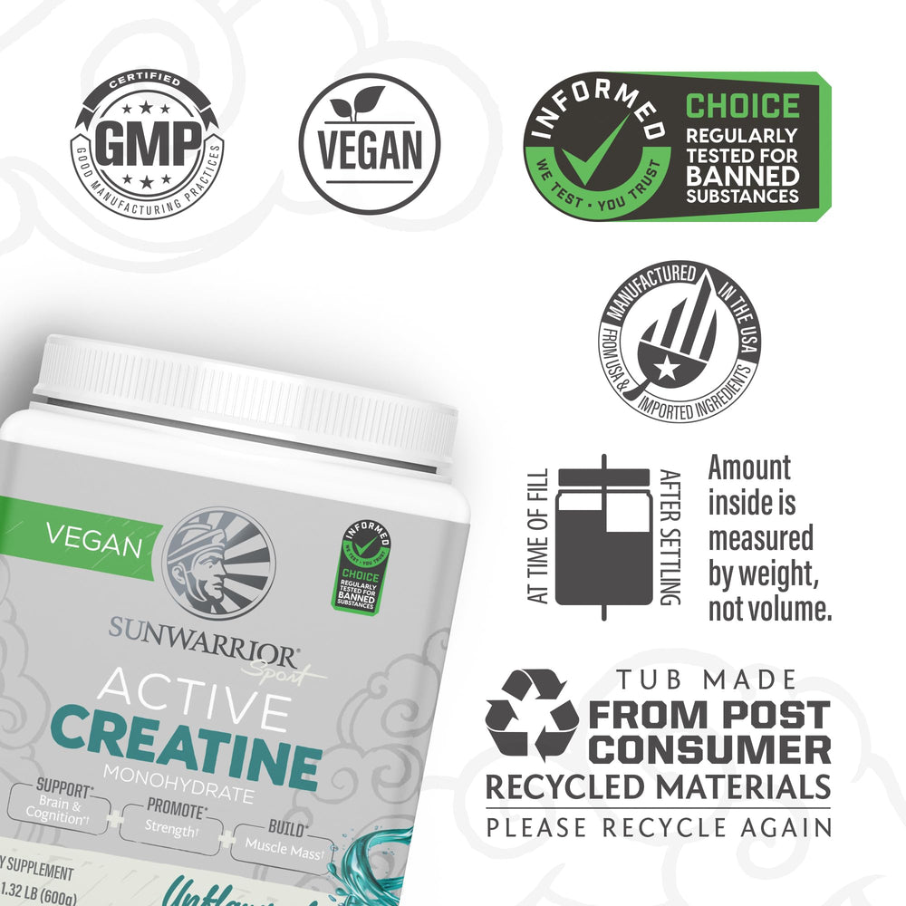 Sunwarrior Creatine Monohydrate powder label close-up emphasizes vegan formula benefits.