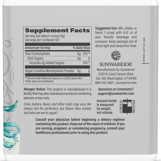 Sunwarrior Creatine Monohydrate powder scoop shows easy serving for training sessions.