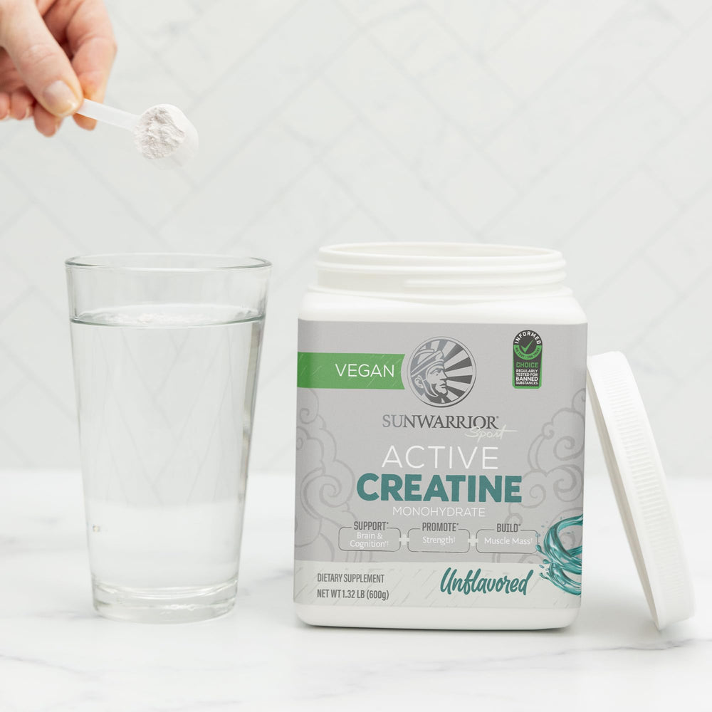 Sunwarrior Creatine Monohydrate powder mixed in shaker for performance support.
