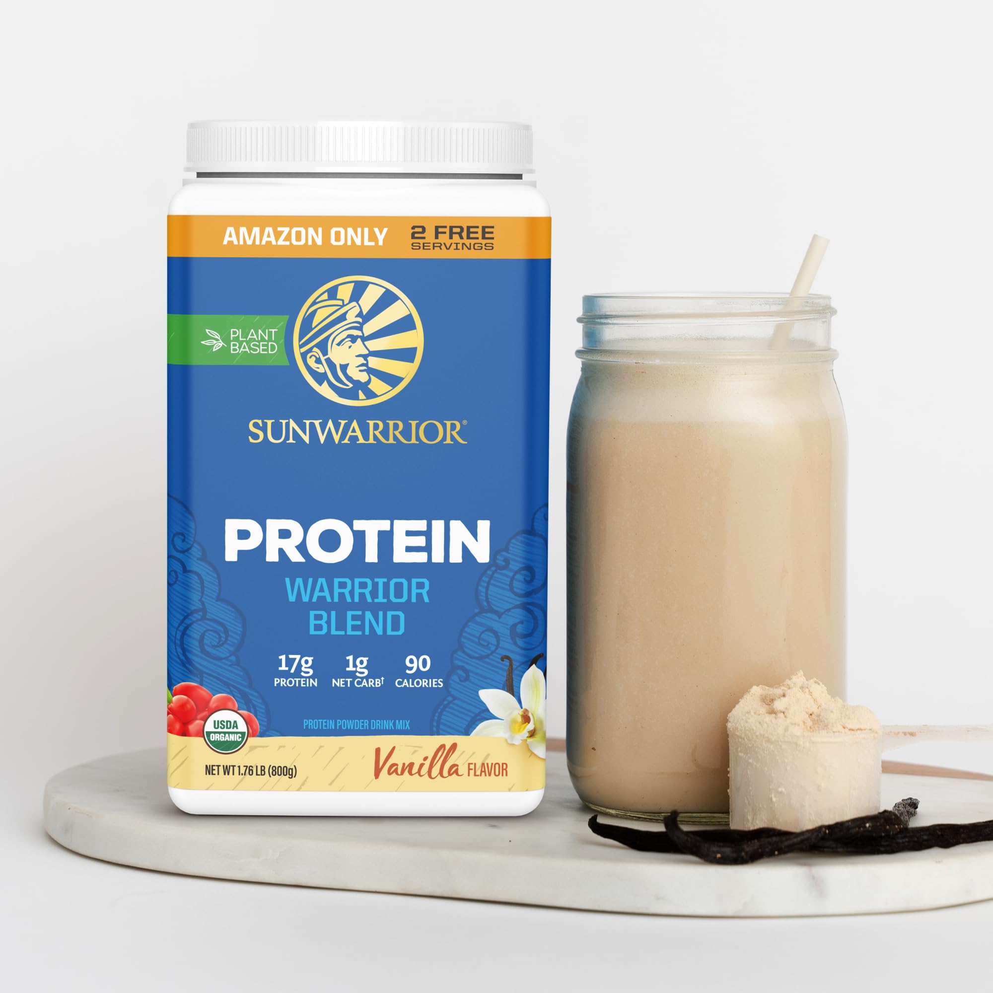 Sunwarrior gluten-free vegan formula packaging communicates a low-bloat protein option