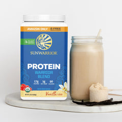 Sunwarrior gluten-free vegan formula packaging communicates a low-bloat protein option
