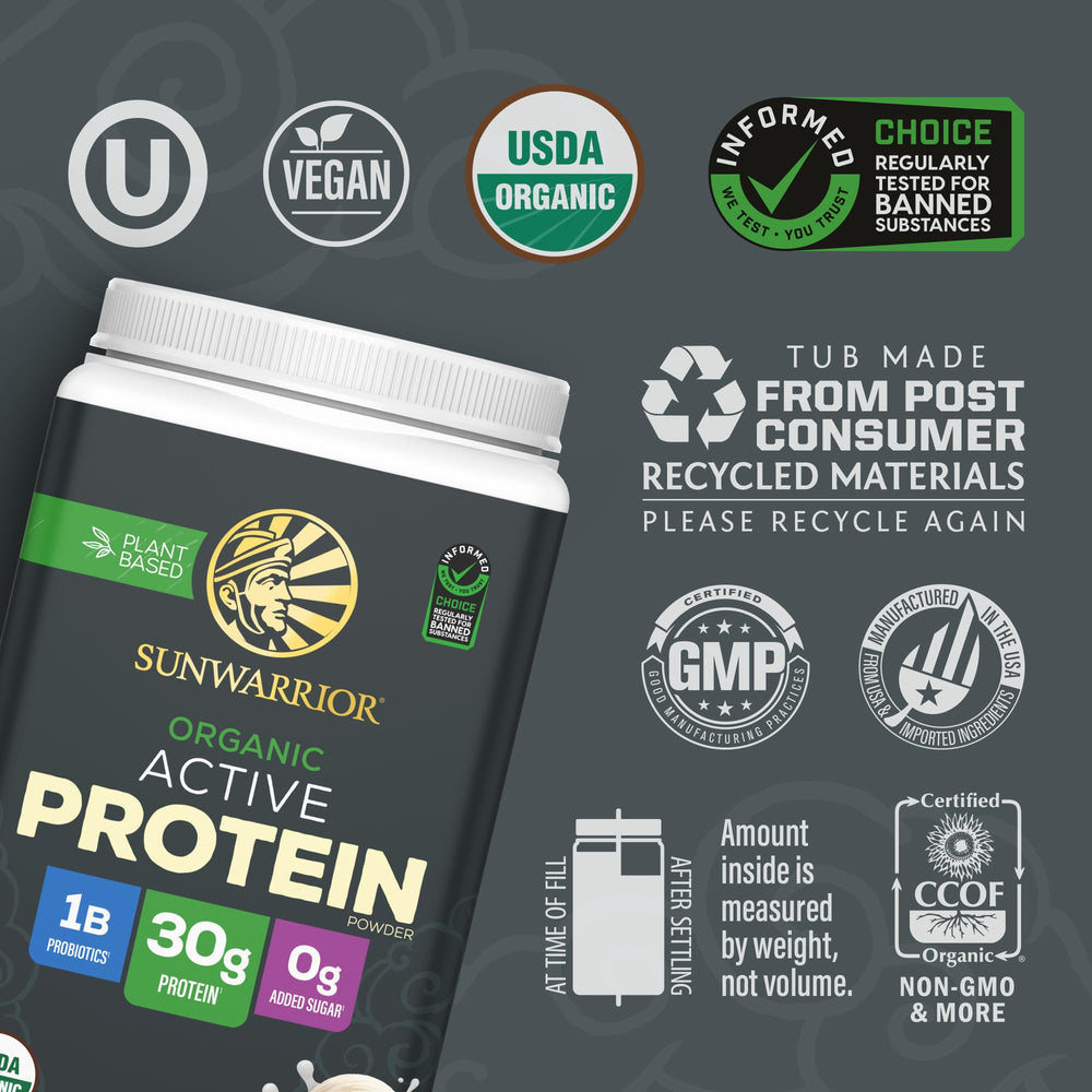 Sunwarrior nutrition label highlights clean ingredients and allergen-free profile.
