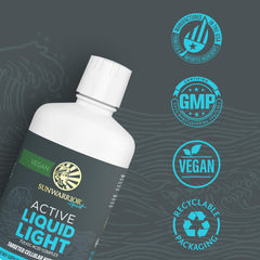Sunwarrior liquid mineral water drops added to a smoothie for mineral-rich nutrition.