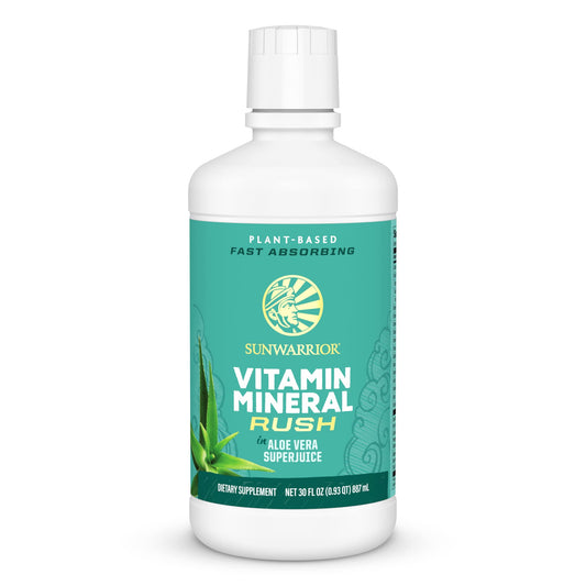Sunwarrior liquid multivitamin bottle with clean label and plant-based nutrition.
