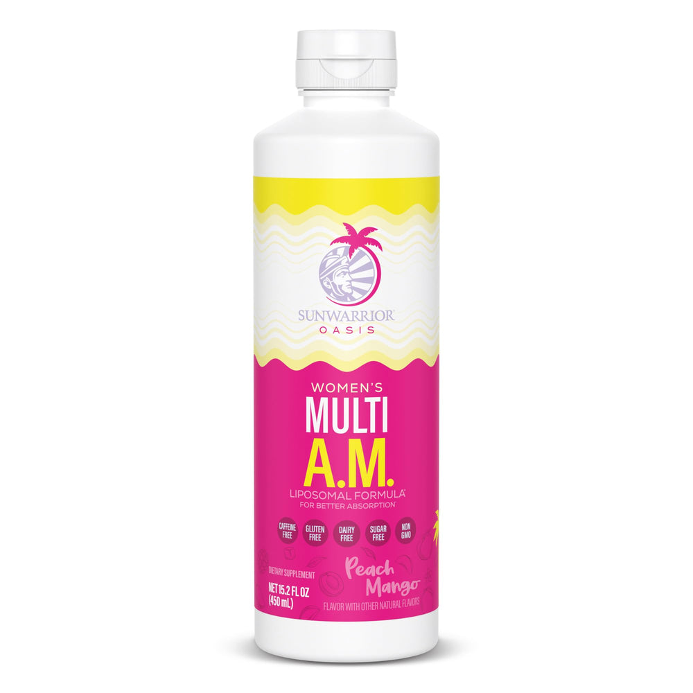 Sunwarrior Liquid Multivitamin for Women bottle front highlights Peach Mango flavor and immune support.