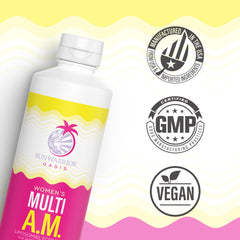 Sunwarrior Liquid Multivitamin for Women label closeup features liposomal delivery.