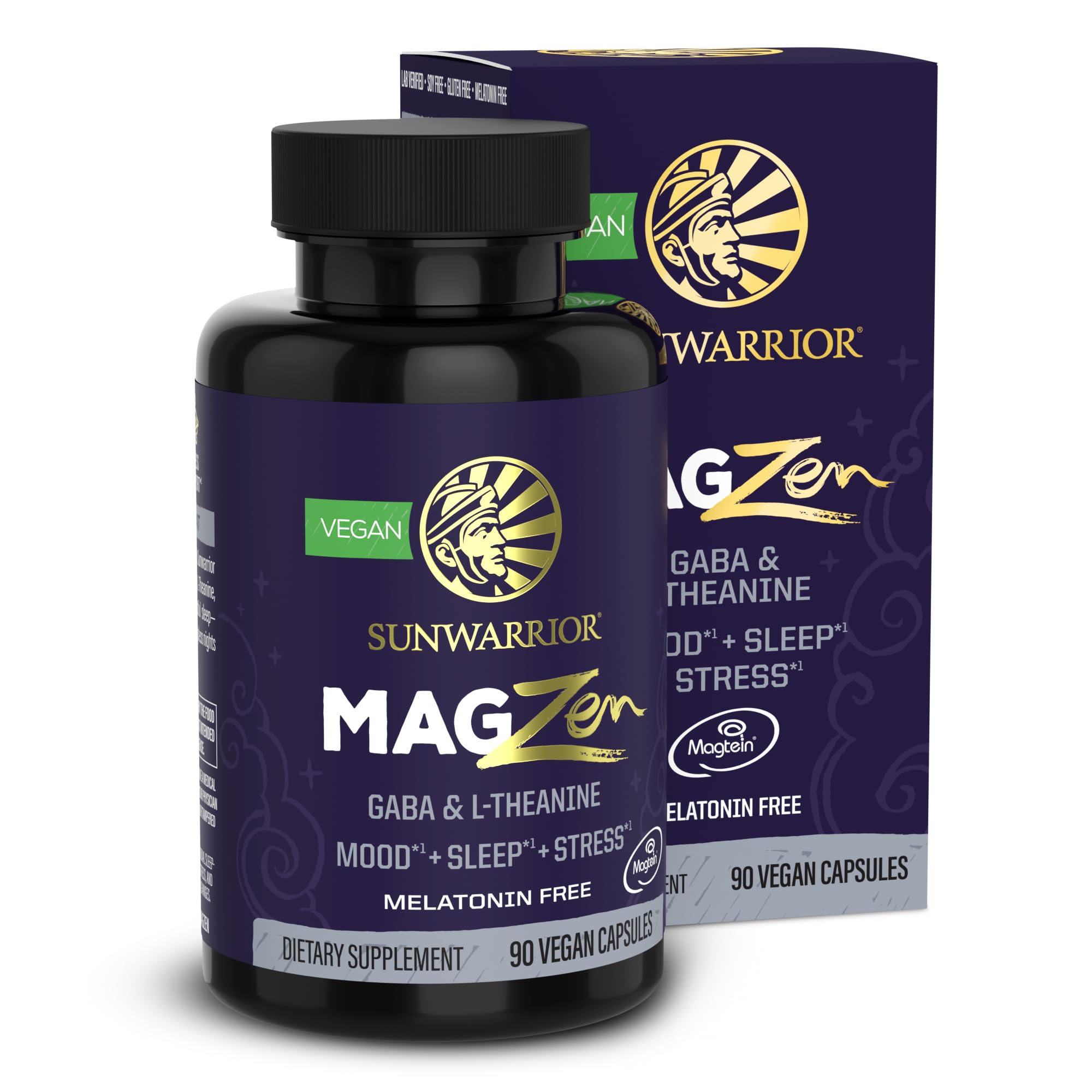 Sunwarrior Magnesium L-Theanine Capsules bottle front for calm mood support.