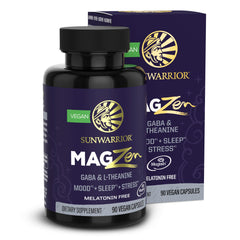 Sunwarrior Magnesium L-Theanine Capsules bottle front for calm mood support.