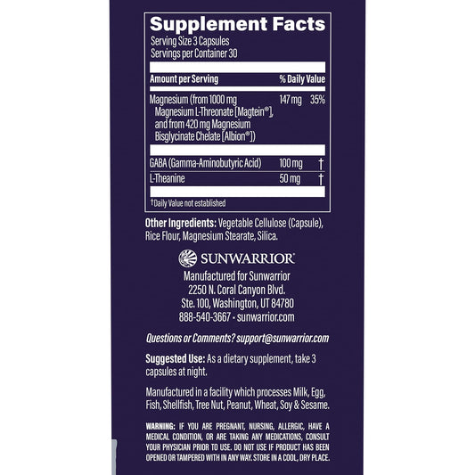 Sunwarrior capsules ingredients panel showing magnesium and theanine for relaxed focus.