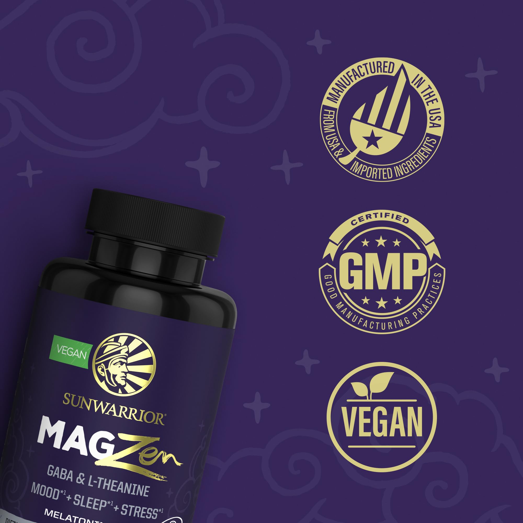 Sunwarrior vegan capsules emphasizing plant-based calm and sleep-friendly blend.