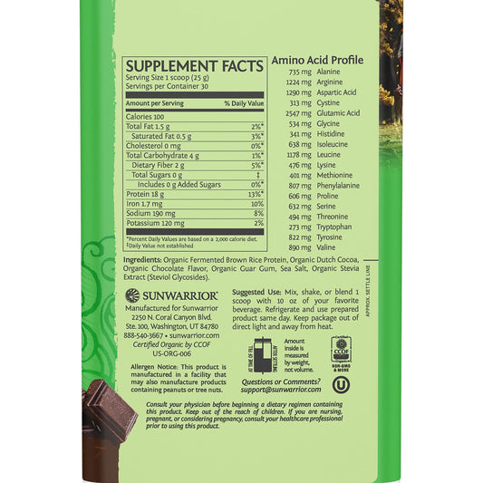 Sunwarrior chocolate protein label seal highlighting freshness and clean nutrition