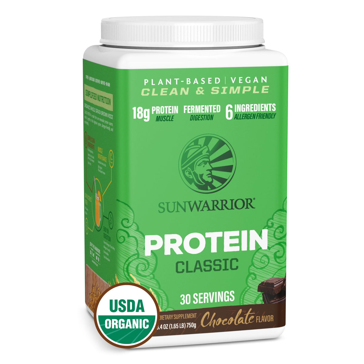 Sunwarrior Organic Brown Rice Protein Chocolate tub front showing pure ingredient quality
