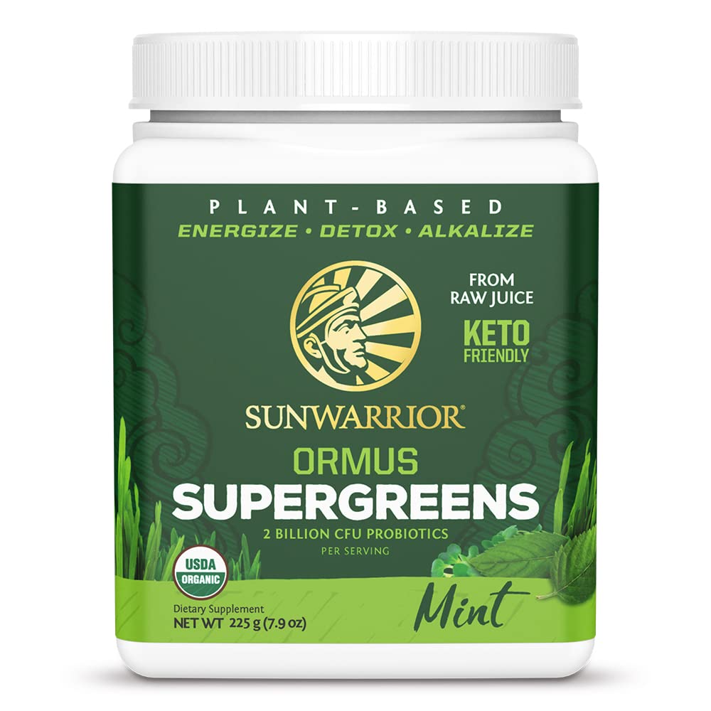 Sunwarrior Organic Greens Powder mint tub ready for your daily smoothie boost.