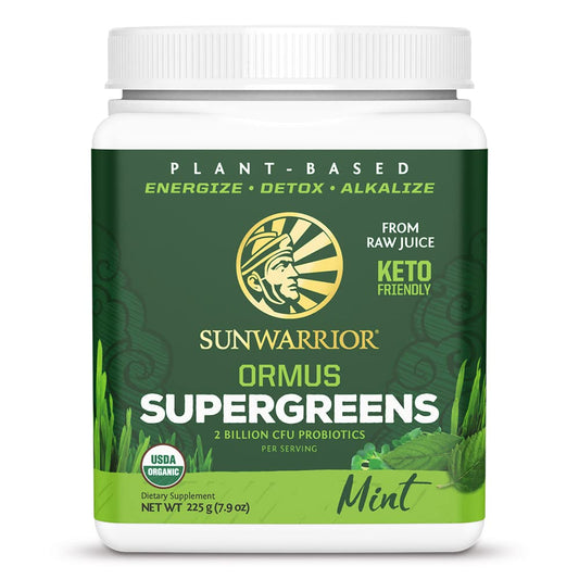 Sunwarrior Organic Greens Powder mint tub ready for your daily smoothie boost.