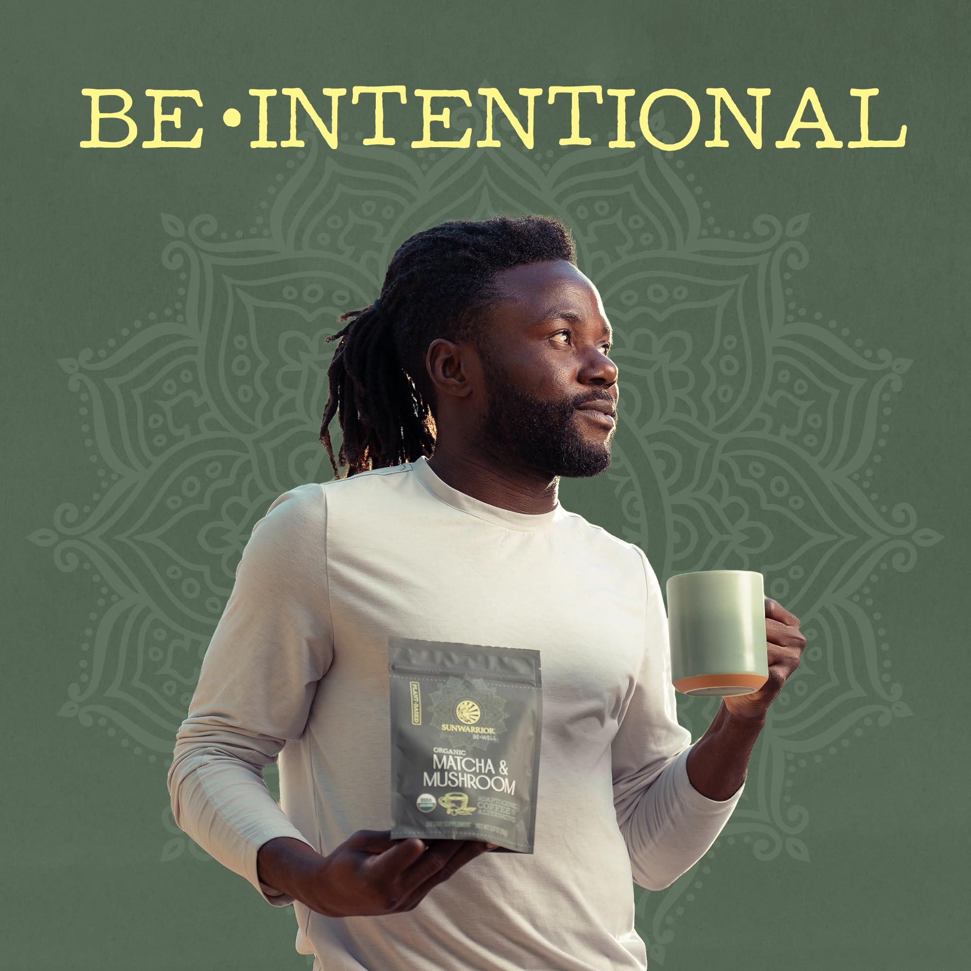 Sunwarrior blend highlights six mushrooms with ceremonial matcha quality.