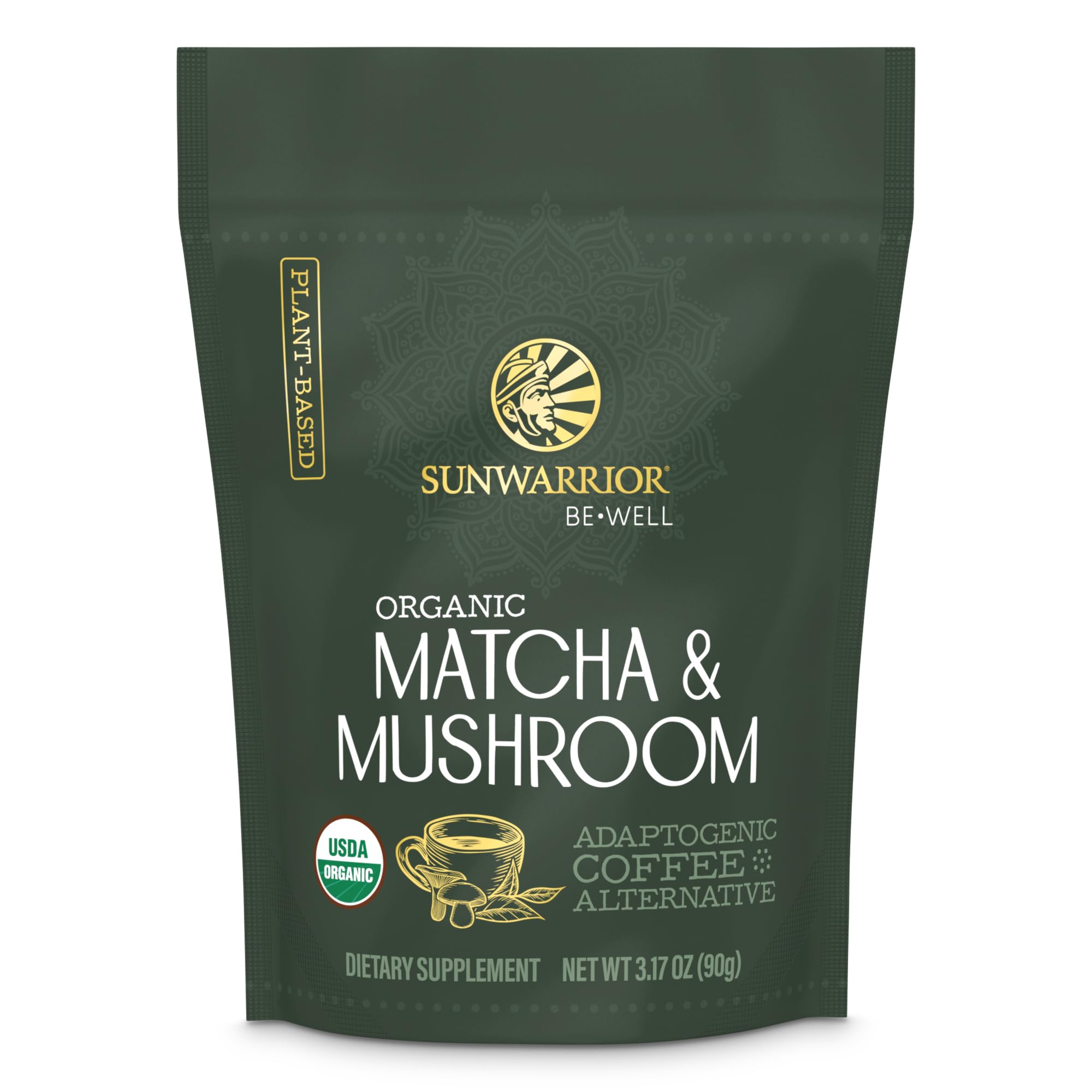 Sunwarrior Organic Matcha Mushroom Powder pouch ready for daily use.