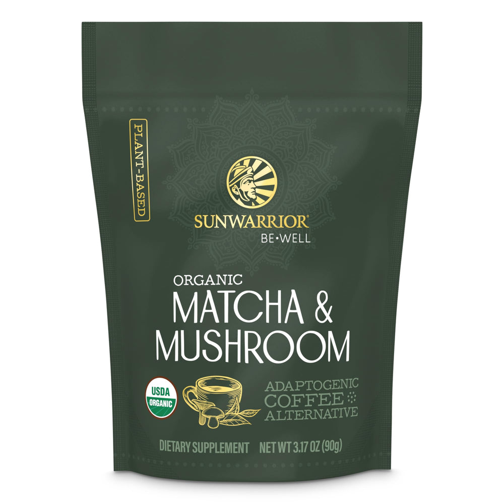 Sunwarrior Organic Matcha Mushroom Powder pouch ready for daily use.