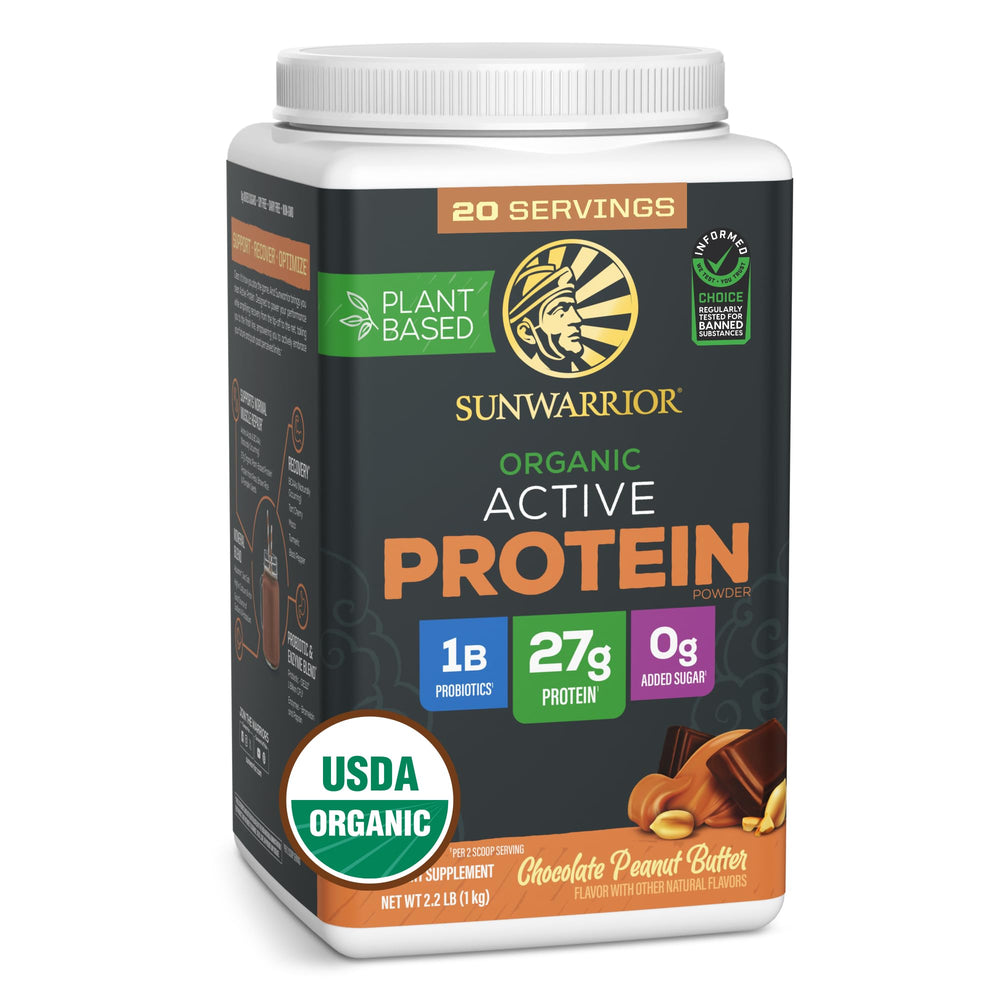 Sunwarrior Organic Plant Based Protein Powder chocolate peanut butter tub, smooth protein for recovery and taste.