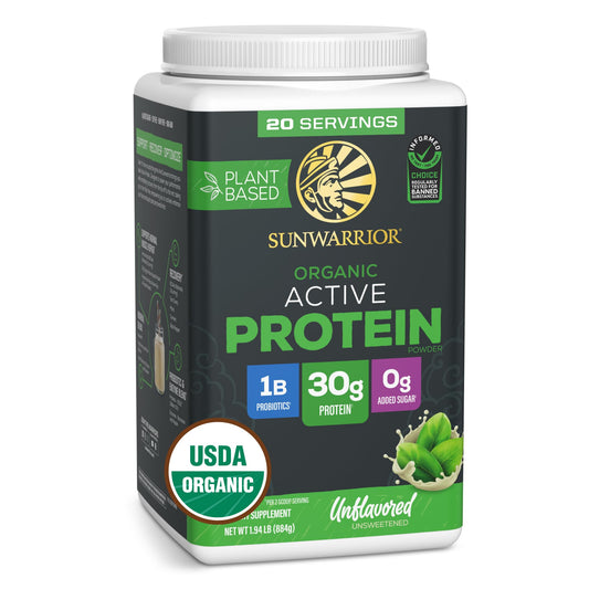 Sunwarrior organic plant based protein powder tub with unflavored formula for clean vegan nutrition.