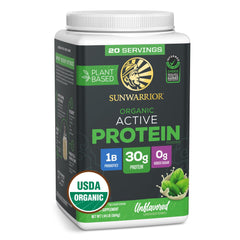 Sunwarrior organic plant based protein powder tub with unflavored formula for clean vegan nutrition.