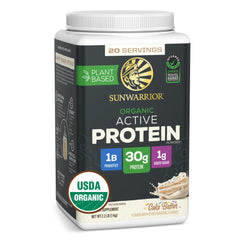 Sunwarrior Organic Protein Powder Cake Batter tub front label showing plant-based nutrition