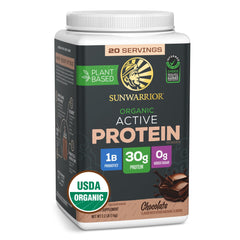 Sunwarrior organic chocolate protein tub shows plant-based support for workouts.